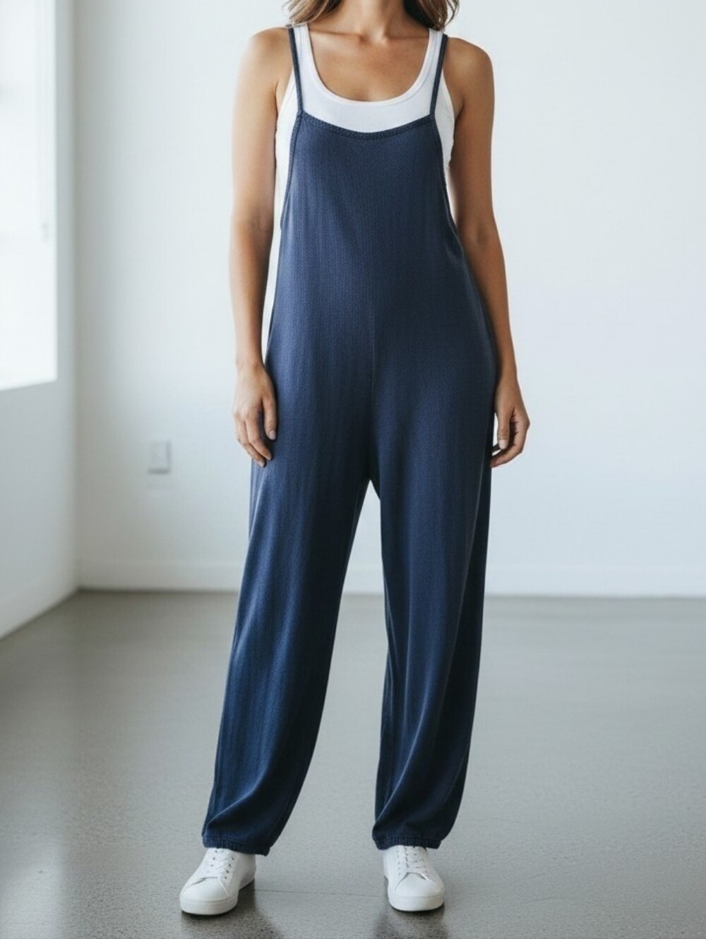 Free People Indigo And Brown Stitch Loose-fit Halter Jumpsuit L